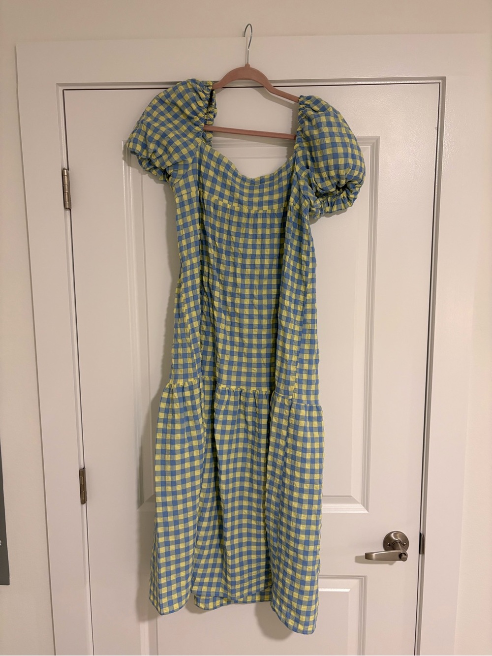Blue and Yellow Gingham Puff-Sleeve Dress